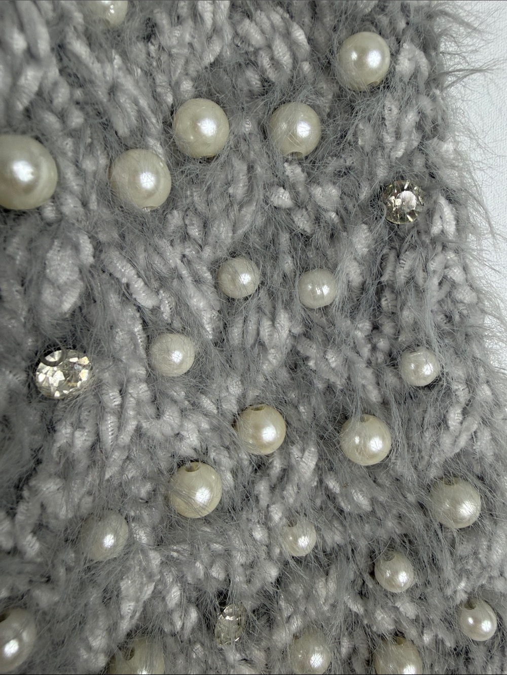 POL Alpaca Pearl Rhinestone Cardigan S Gray Fuzzy Open Front Cozy - Picture 7 of 8